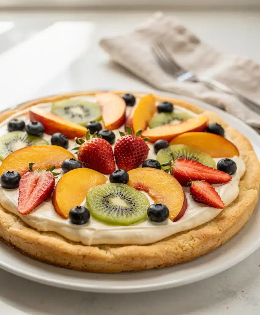 Seasonal fruit pizza on sugar cookie crust with creamy vanilla frosting and berries