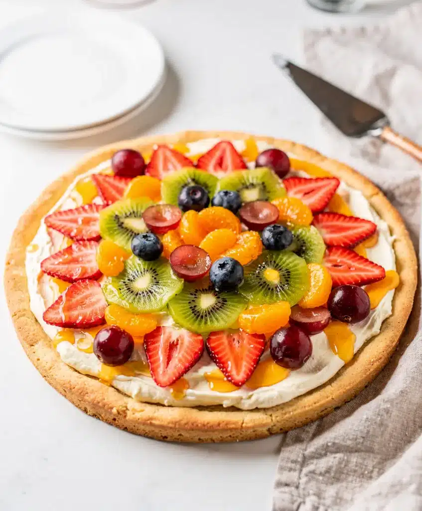 Colorful fruit pizza with creamy frosting on a sugar cookie crust overhead view