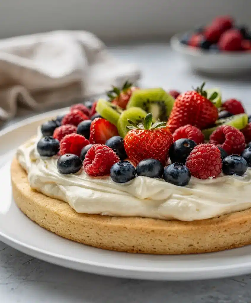 Make ahead fruit pizza with cream cheese frosting and fresh glazed berries.