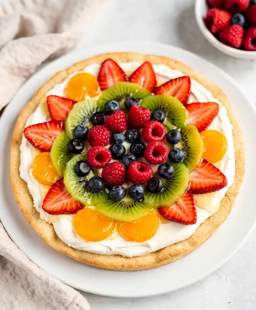 Sweet fruit pizza with strawberries kiwi blueberries on sugar cookie crust