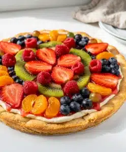 Colorful fresh fruit pizza on sugar cookie crust with creamy vanilla cream cheese spread