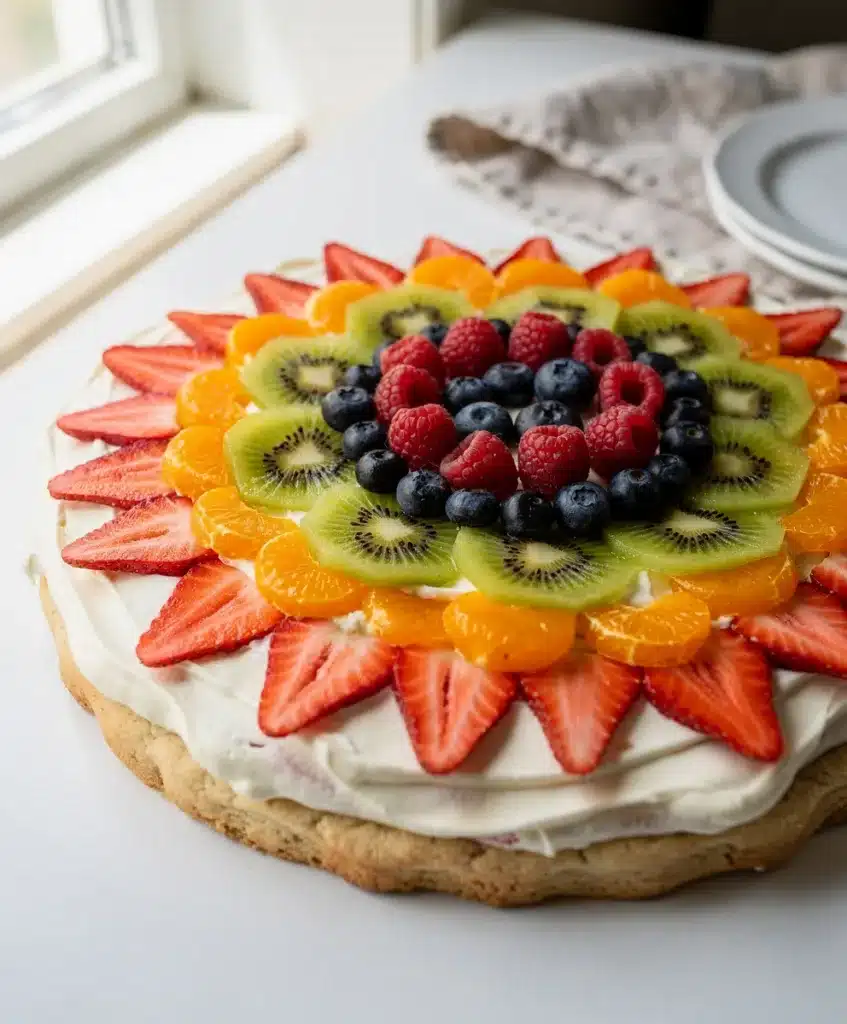 Bakery style fruit pizza sugar cookie with creamy frosting and fresh fruit.