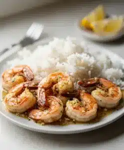 Plump garlic butter shrimp nestled in fluffy rice with creamy sauce