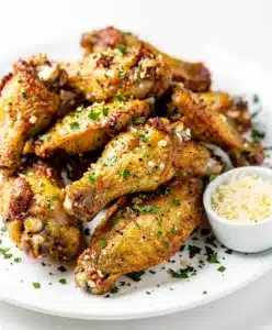 Crispy garlic parmesan chicken wings with parsley on a rustic wooden board.