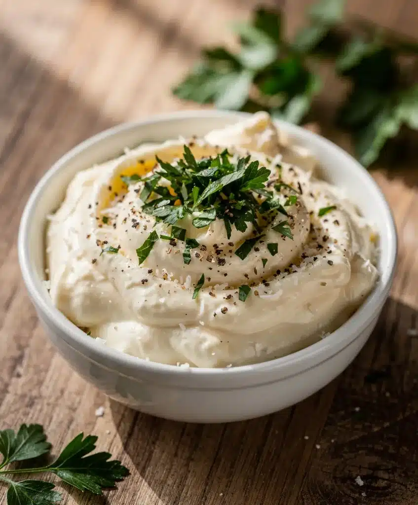 Creamy garlic parmesan mayo dip with fresh herbs and crunchy dippers.
