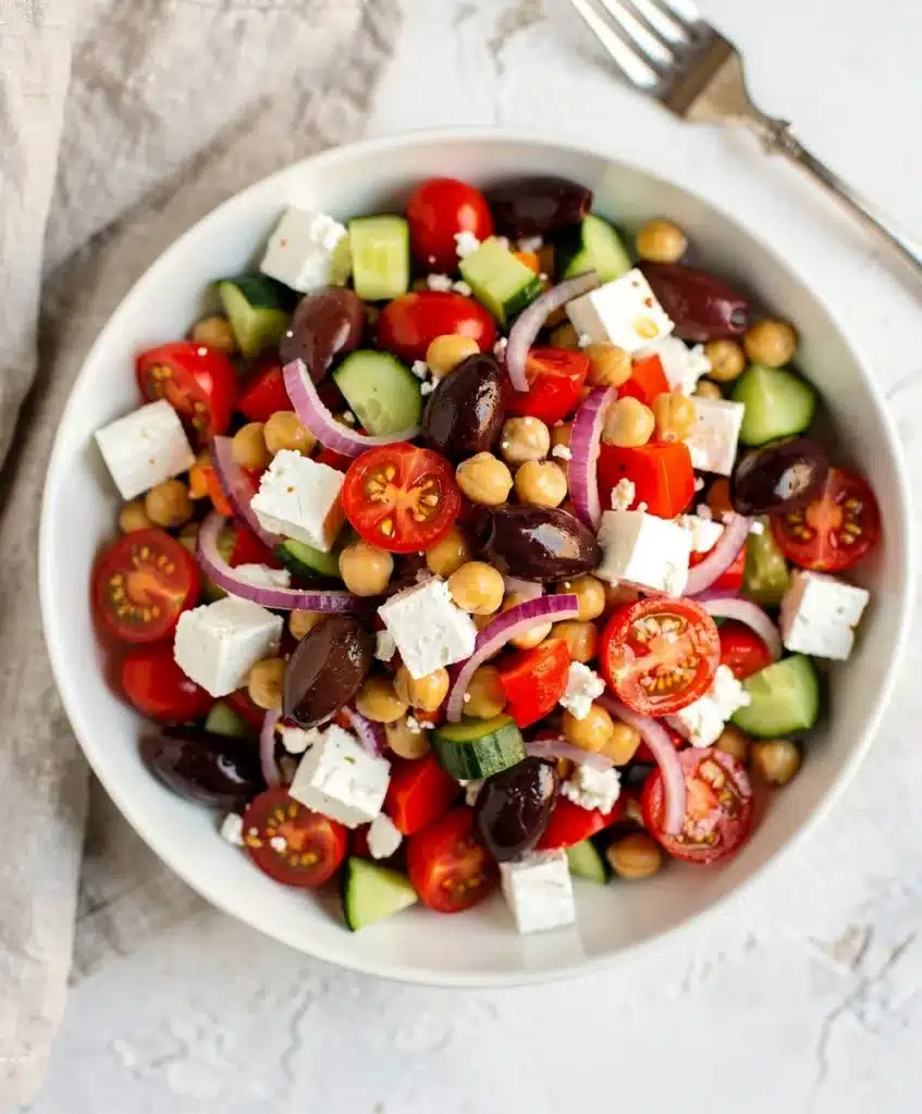 Colorful Greek chickpea salad with feta, olives, and lemon oregano dressing.