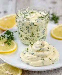 Close up overhead view of vibrant green lemon herb mayonnaise recipe in bowl