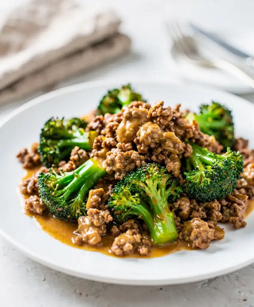 Ground beef and broccoli stir fry in glossy savory sauce with chopsticks