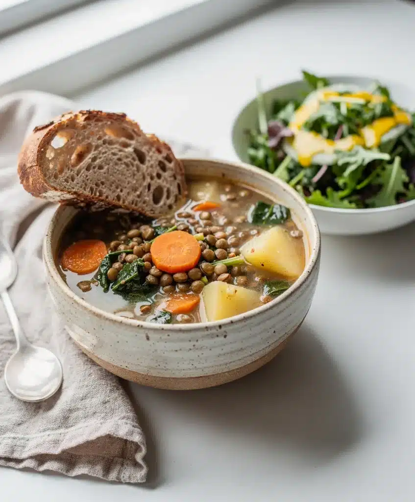 Hearty lentil vegetable soup with kale and crusty bread for dipping.