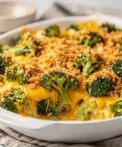 Creamy holiday cheesy broccoli casserole baked in a white ceramic dish.