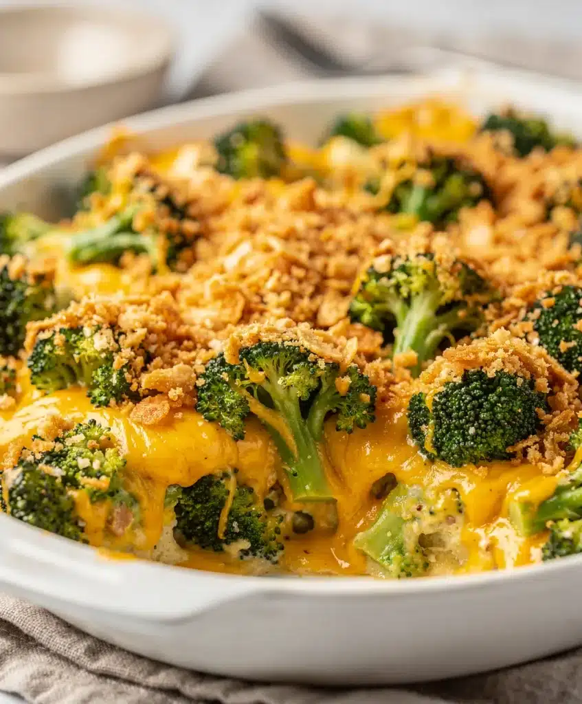 Creamy holiday cheesy broccoli casserole baked in a white ceramic dish.