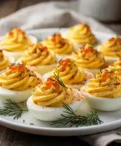Elegant holiday deviled eggs with creamy avocado filling and salmon roe topping