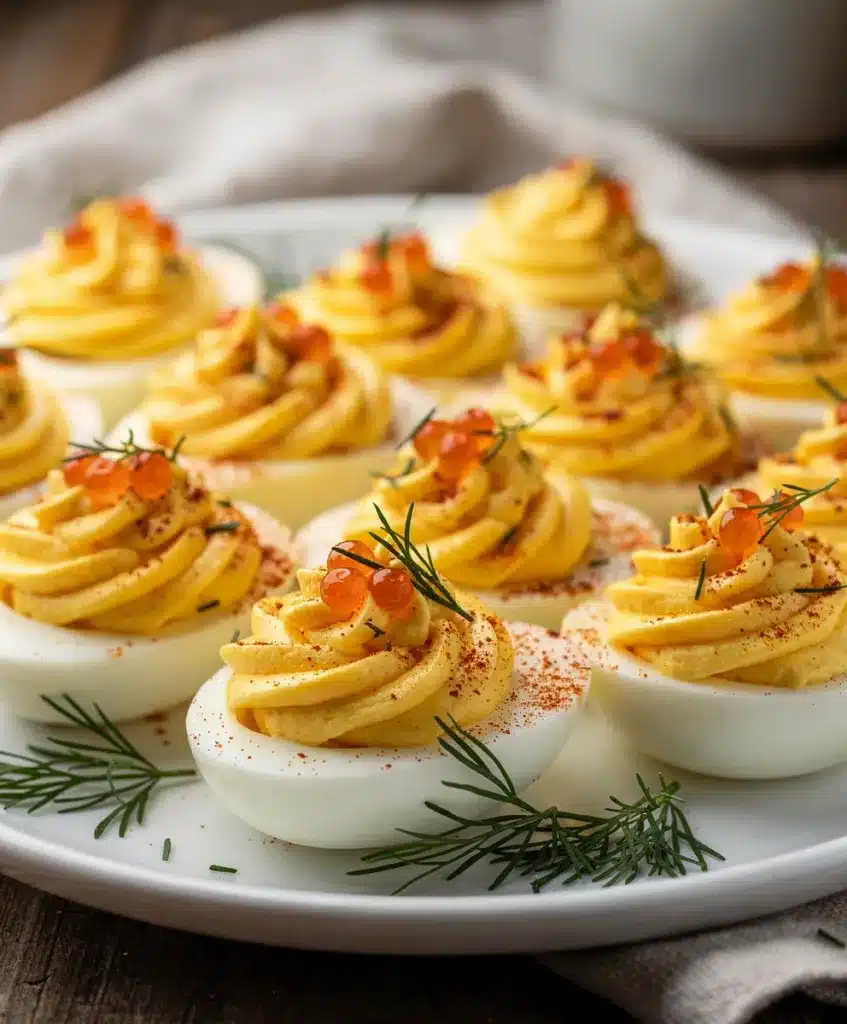 Elegant holiday deviled eggs with creamy avocado filling and salmon roe topping