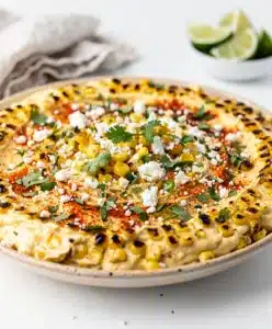 Creamy holiday Mexican street corn dip with charred corn and cotija cheese