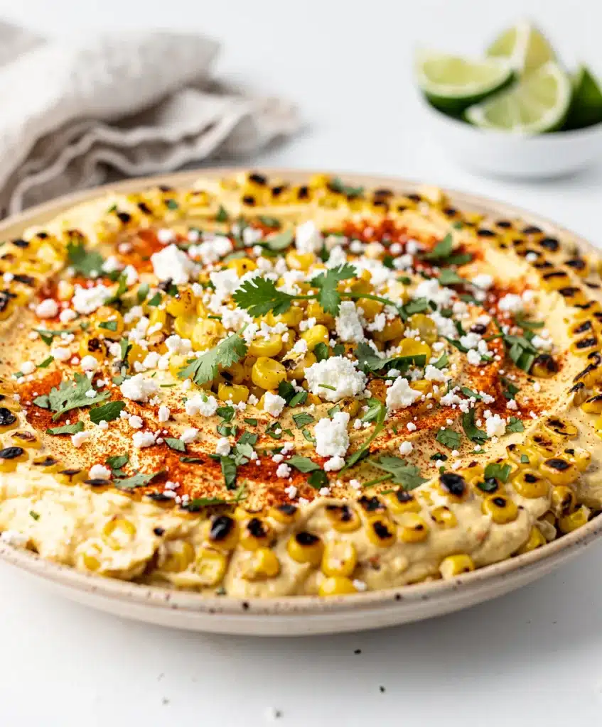 Creamy holiday Mexican street corn dip with charred corn and cotija cheese