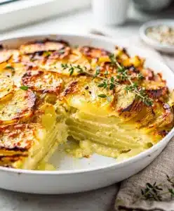 Creamy cheesy holiday scalloped potatoes baked in a white ceramic dish.