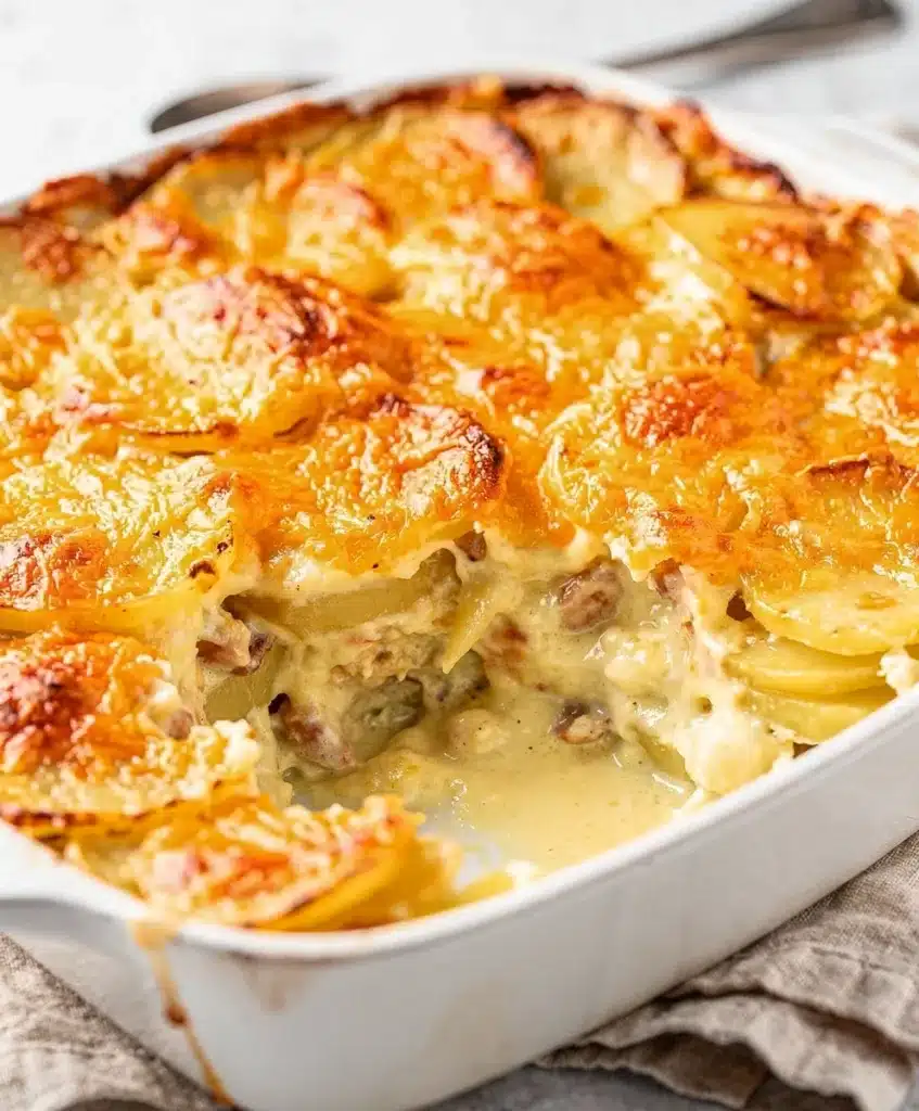 Creamy homestyle scalloped potatoes with golden cheese crust and fresh thyme