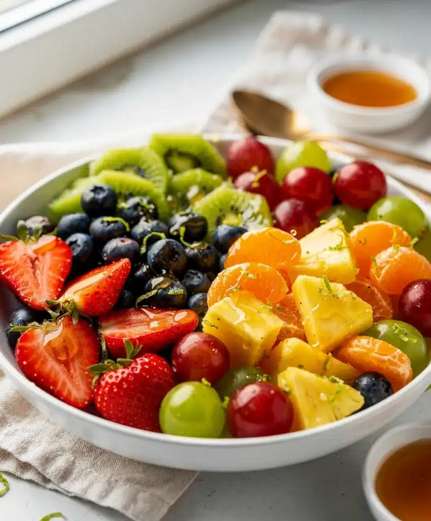 Colorful honey lime fruit salad with fresh berries and citrus on wood