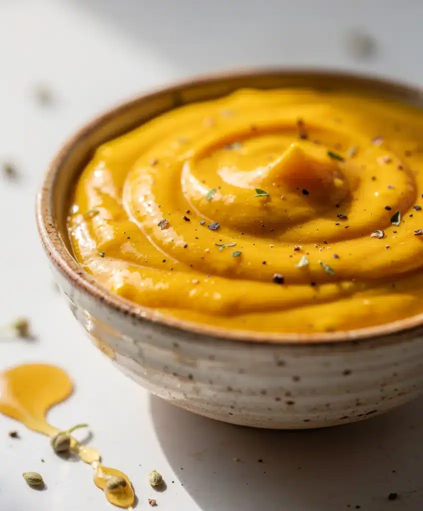 Homemade honey mustard sauce in a bowl with chicken and pretzel.