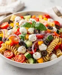 Colorful Italian pasta salad with fresh vegetables and mozzarella in a bowl.