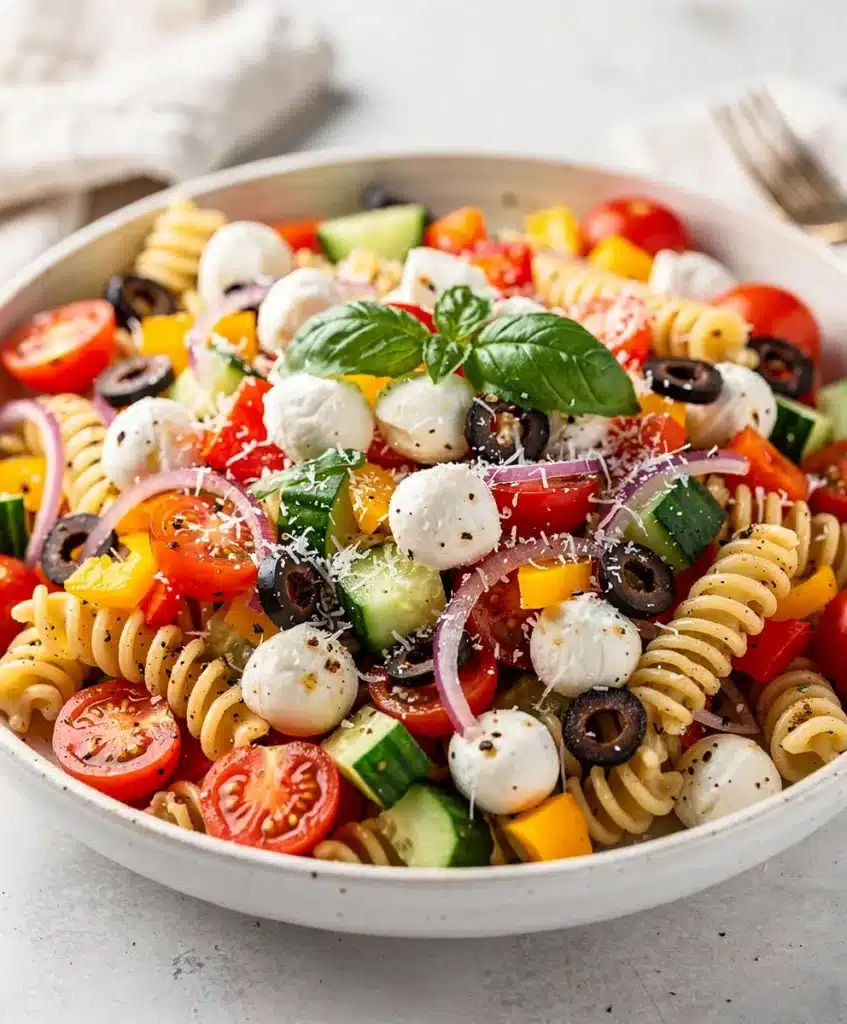 Colorful Italian pasta salad with fresh vegetables and mozzarella in a bowl.