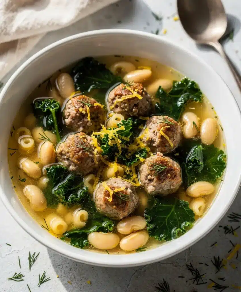Italian wedding soup with chicken meatballs kale beans and pasta
