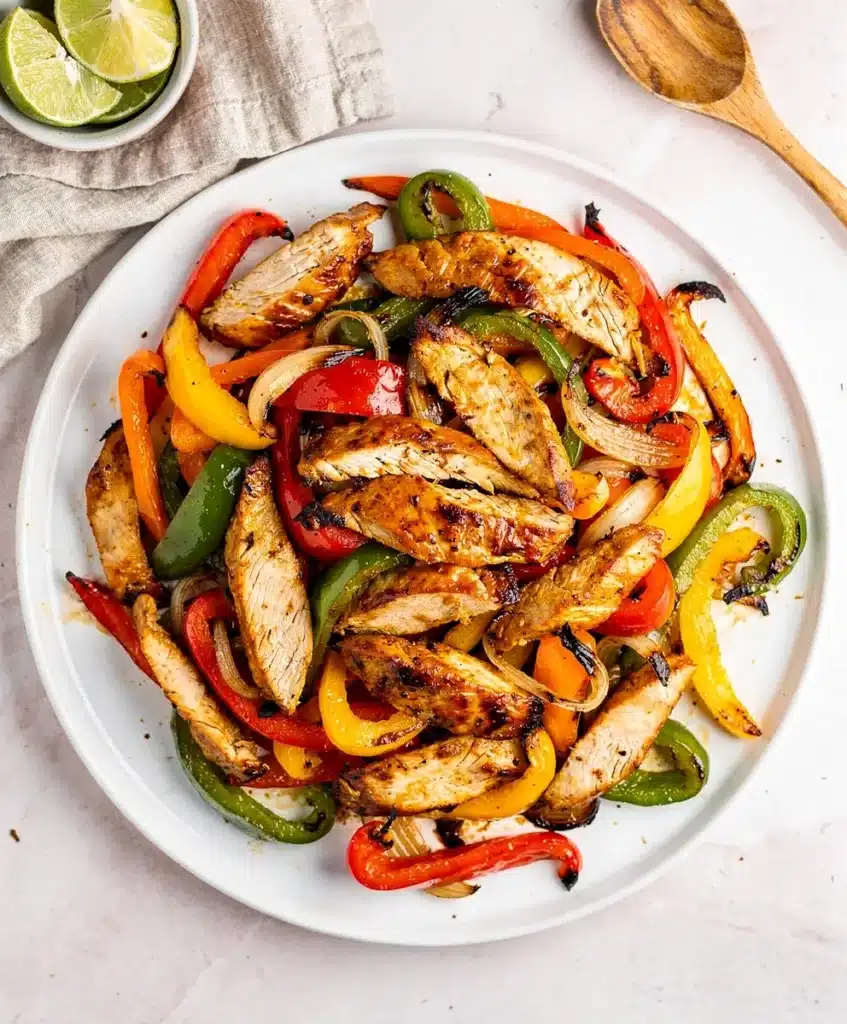 Juicy sheet pan chicken fajitas with charred peppers and warm tortillas