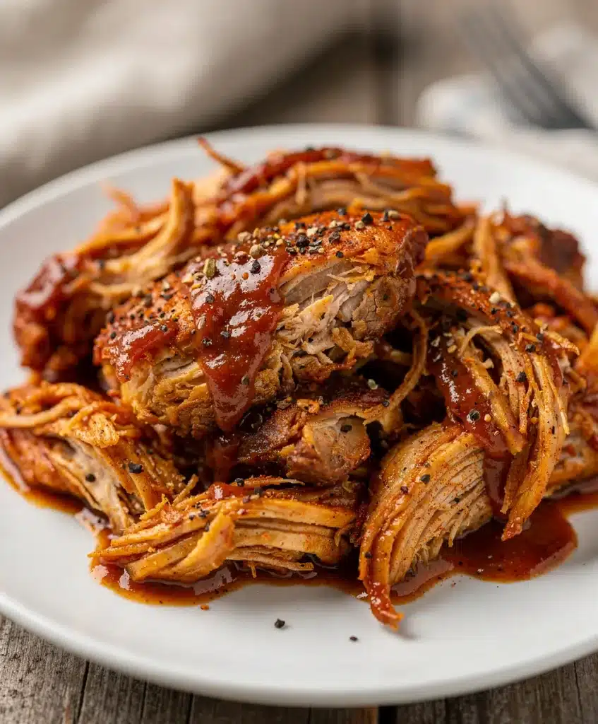 Juicy slow cooker BBQ chicken piled high on a soft white bun.