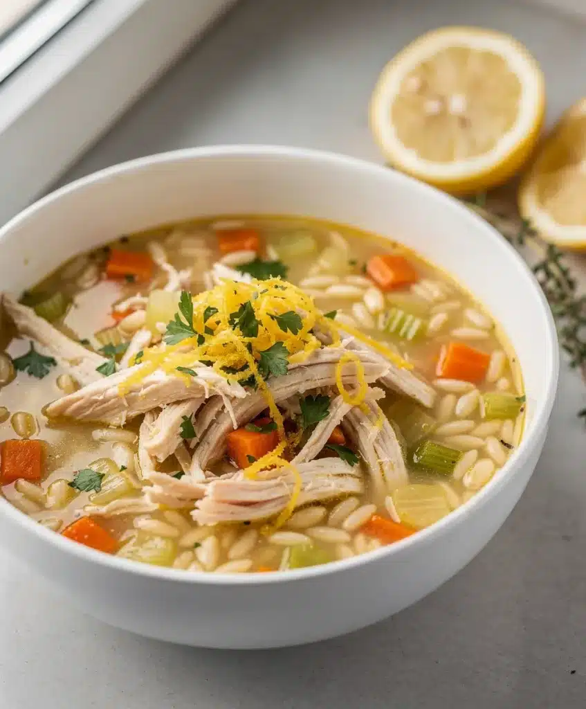 Creamy lemon chicken orzo soup with tender chicken and fresh herbs.