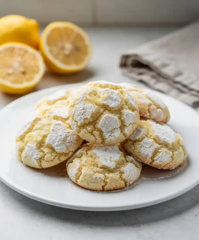 Lemon crinkle cookies with chewy centers and powdered sugar crackle tops.