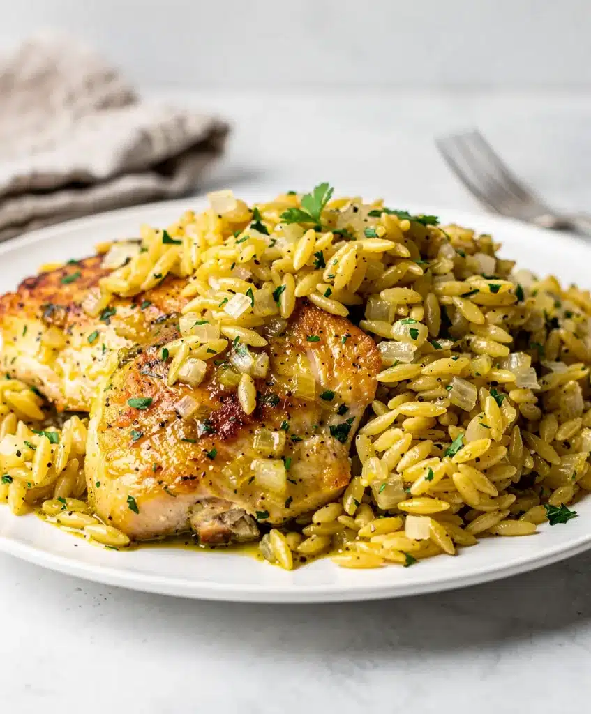 Creamy lemon herb orzo with golden brown chicken in one pan meal