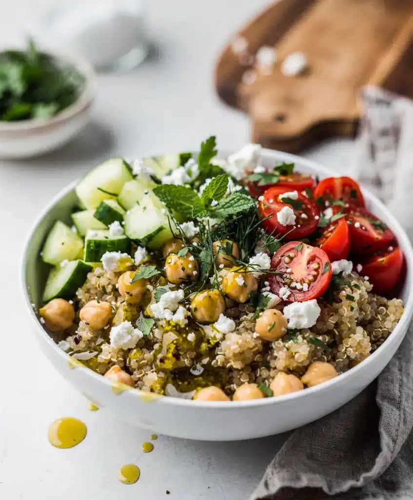 Lemon herb quinoa bowl with chickpeas cucumber tomatoes and feta cheese