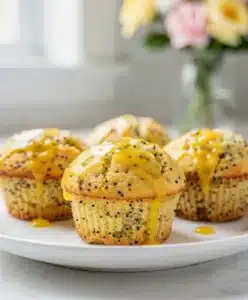 Moist lemon poppy seed muffins with a sweet creamy glaze close up