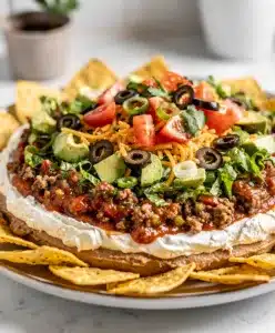 Layered taco dip with creamy base and vibrant toppings for game day.