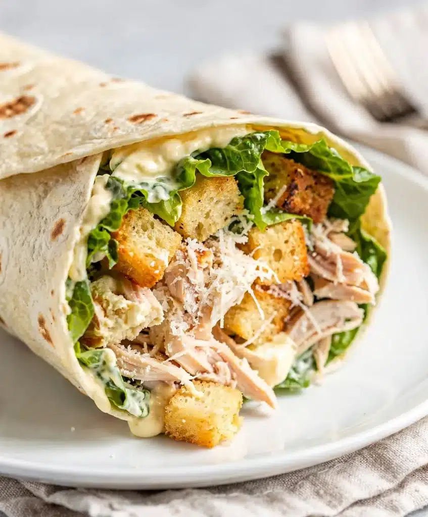 Make ahead chicken Caesar wrap sliced open on a rustic wooden board.