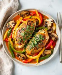 Make ahead easy chicken dinner skillet with peppers and creamy tomato sauce