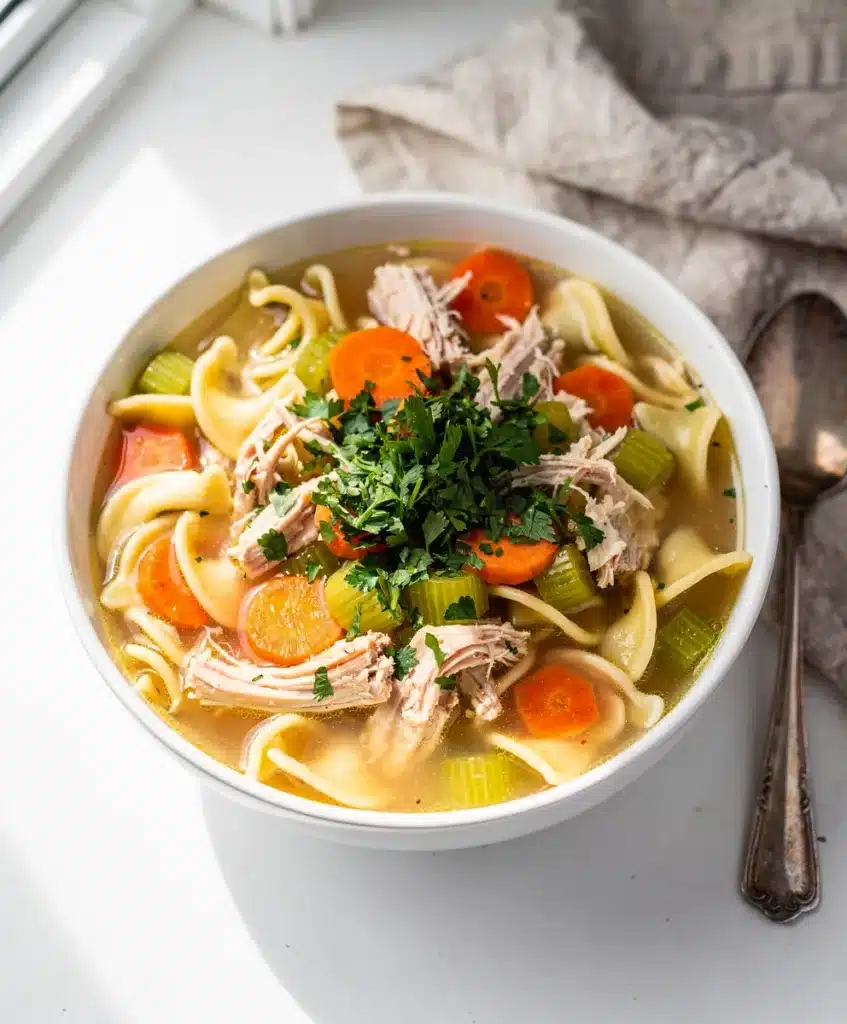 Make ahead cozy chicken noodle soup in a rustic white bowl with vegetables