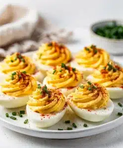Make ahead deviled eggs with creamy filling and paprika garnish on wood.