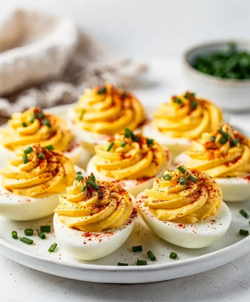 Make ahead deviled eggs with creamy filling and paprika garnish on wood.