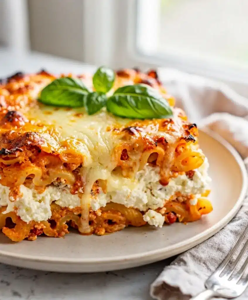 Make ahead easy pasta bake with creamy cheese and crispy browned edges