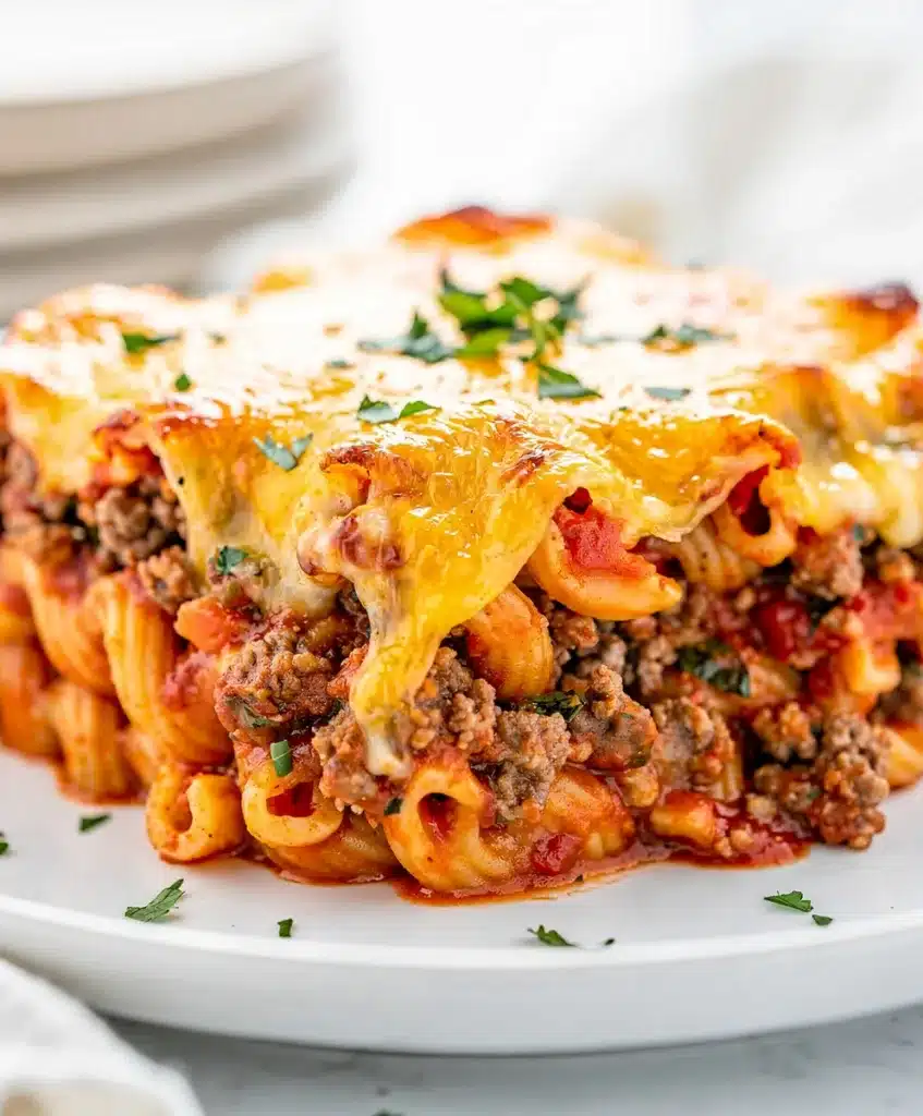 Make ahead ground beef casserole with pasta and golden cheese crust