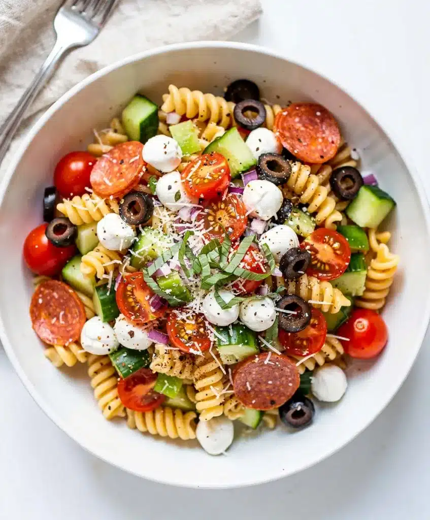 Make ahead Italian pasta salad with fresh vegetables and mozzarella pearls