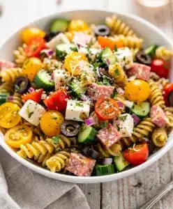 Colorful make ahead pasta salad with mozzarella salami and fresh vegetables.