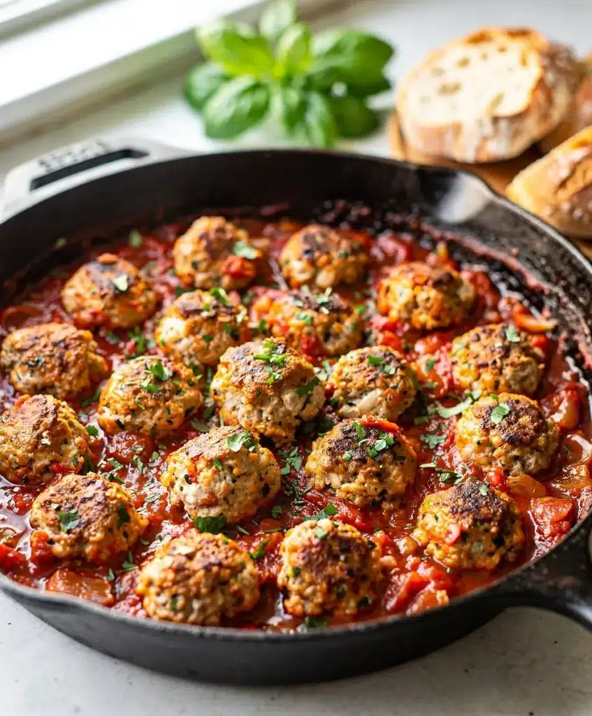 Make ahead turkey meatball marinara skillet with creamy tomato sauce