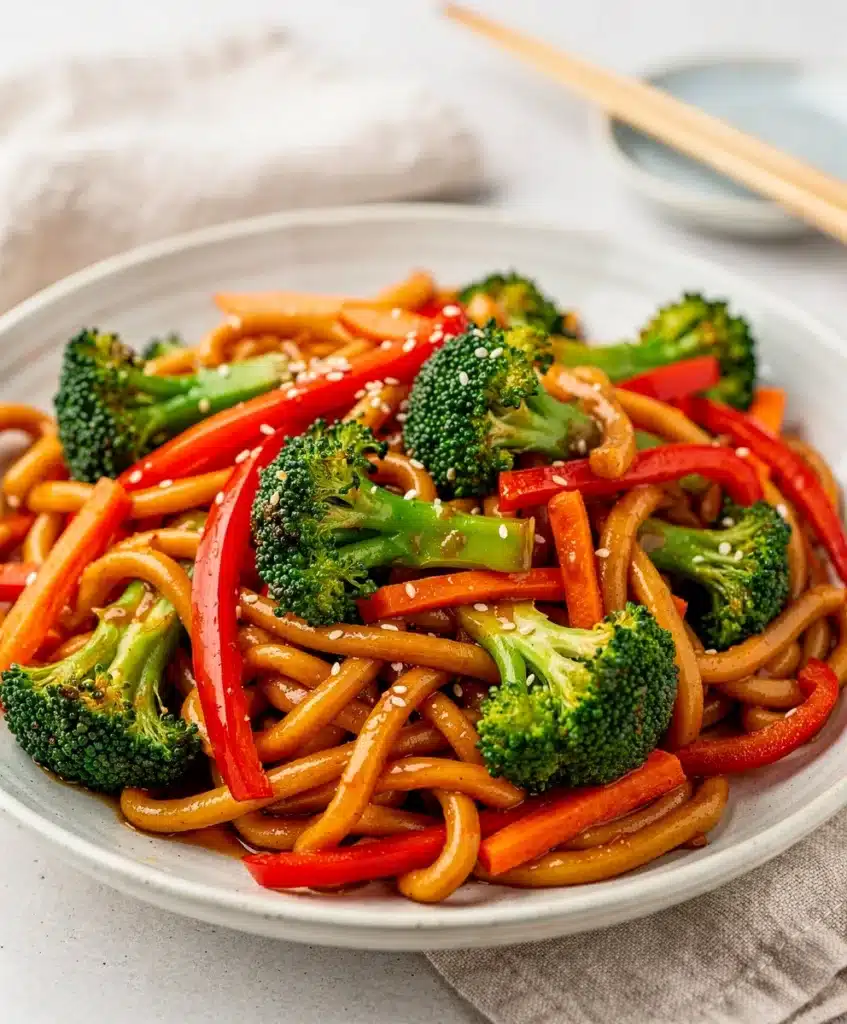 Meal prep udon stir fry with chicken and vegetables in separate compartments.