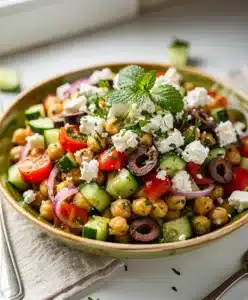 Fresh Mediterranean chickpea salad with creamy feta and vibrant vegetables