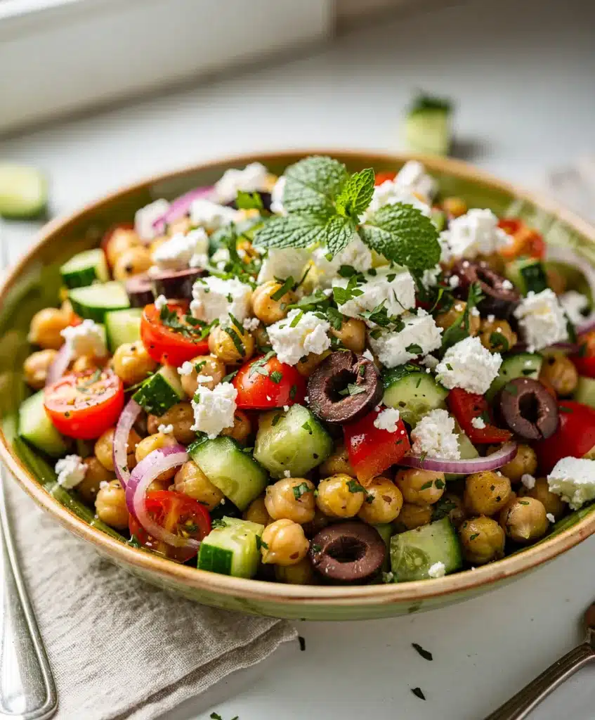 Fresh Mediterranean chickpea salad with creamy feta and vibrant vegetables