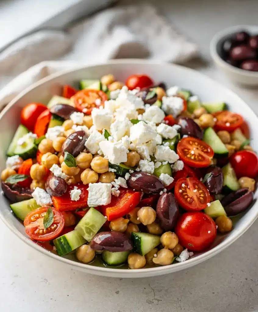 Vibrant Mediterranean chickpea salad with fresh vegetables and feta in a rustic bowl.