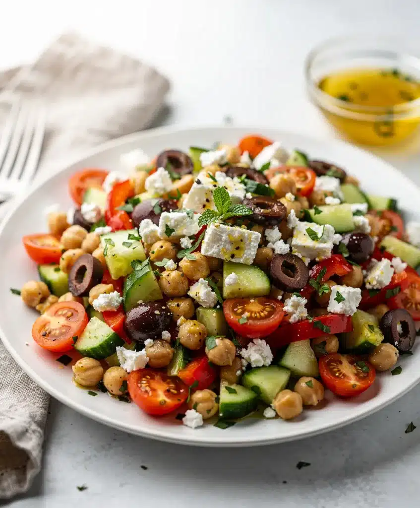 Make ahead Mediterranean chickpea salad with feta and fresh vegetables.