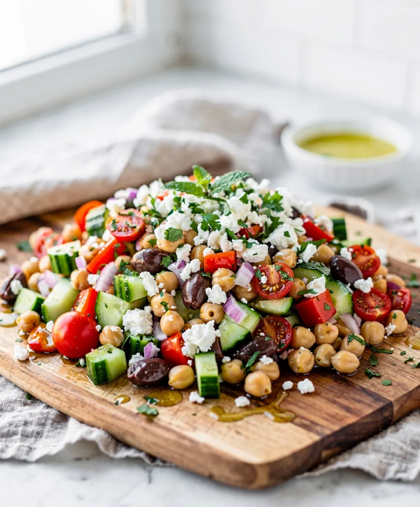 Creamy feta and glossy chickpeas in a vibrant Mediterranean chickpea salad recipe.